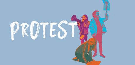 Protest wording on a blue background
