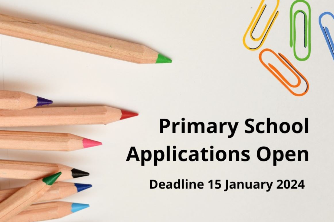 Coloured pencils in the background with Primary School Applications Open as the title