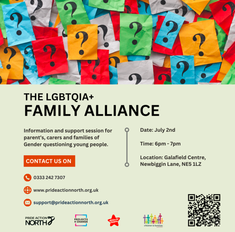 Image of the flyer produced for the event. The top half is decorated with pieces of coloured paper with black question marks on. The text the reads: The LGBTQIA+ Family Alliance . Information and support session for parents, carers and families of gender questioning young people.  Company logos are added to the bottom of the flyer: Pride Action North, Projects 4 Change, Action for Children and Children Families Newcastle.