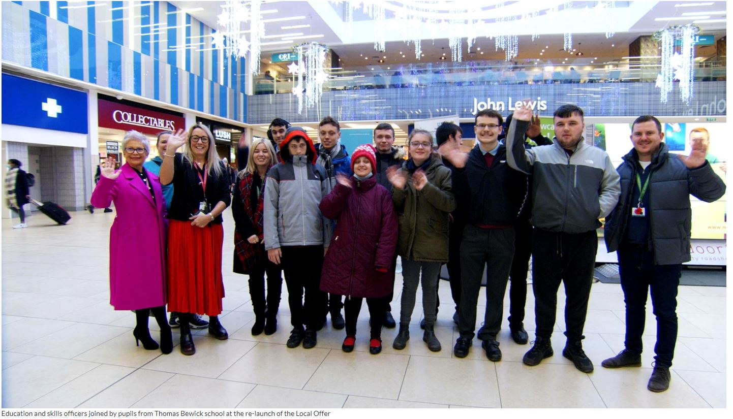 Picture of Young People from Thomas Bewick School and officers from Education and Skills in Eldon Square promoting the local offer