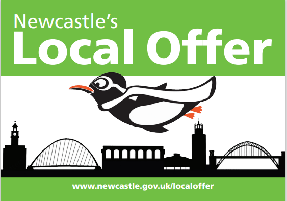 Newcastle local offer logo of a penguin flying over newcastle
