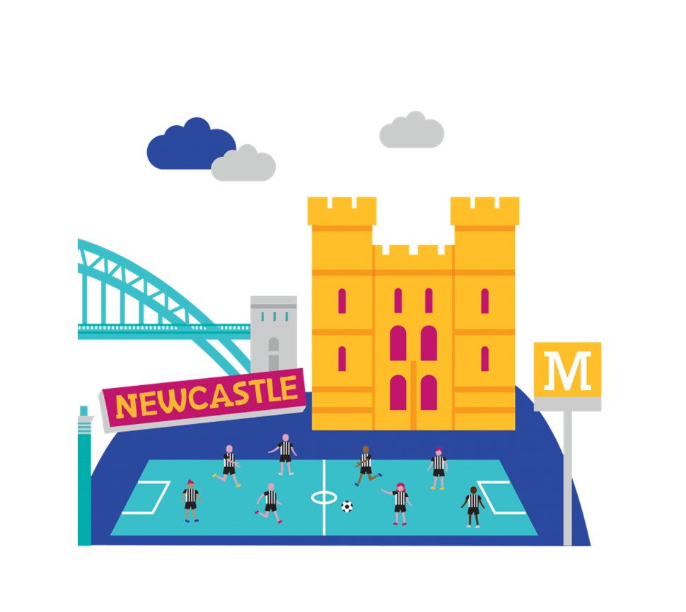 Simple cartoon of Newcastle landmarks including the castle and, metro sign and tyne bridge 