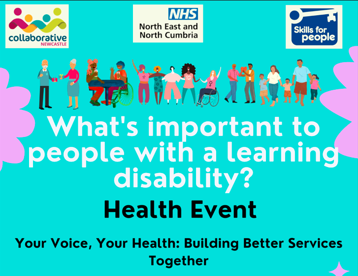 Your Voice, Your Health: Building Better Services Together Health event decorative image containing cartoon people with a teal background.