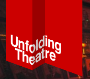 Unfolding Theatre logo. White text 'Unfolding Theatre' on a red background. The background and text and designed to look like it has been folded in the centre.