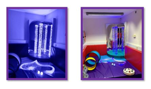 Two photos of the sensory room. The first has dimmed blue lighting. The second has the light turned on fully. In both photos, a tube filled with bubble can be seen. The floor has purple padded mats. Various sensory toys can be seen on these mats including a large white disc with buttons that controls the lights, and a tunnel that children can crawl through.