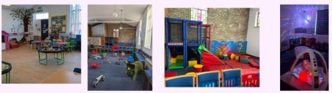 Collection of four photos showing the following. A room with wooden floor with activity tables and colourful decorations, a carpeted hall with large toys including a dinosaur and bikes, a soft play area with a caged multi floored climbing frame and large soft shapes, and a darkened sensory room with white patterned lights shining onto the ceiling.