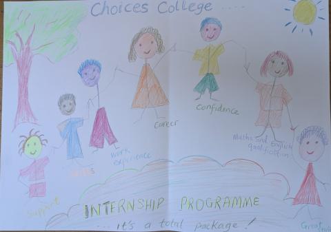 Choices College poster featuring smiling drawings of people holding hands and the words Internship Programme, it's a total package!