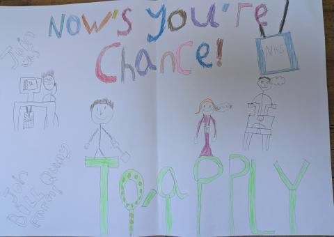 A colourful poster with the words Now's your change to apply and drawings of smiling people doing work