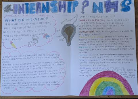 A poster explaining what an internship is with a colourful rainbow at the bottom