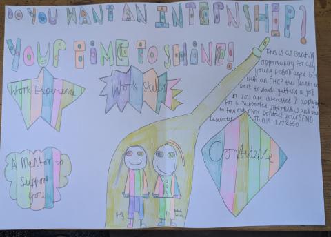 A colourful poster with the words do you want an internship? Your time to shine!