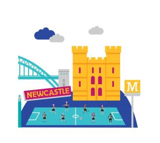 Simple cartoon of Newcastle landmarks including the castle and, metro sign and tyne bridge 