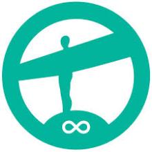 a green coloured circle with the silhouette of the Angel of the North in the middle, and an infinity symbol at the bottom.