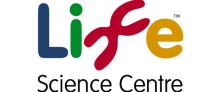 Thick coloured letters spelling out the word life with the words Science Centre below it.. The 'f' in this word is shaped like a chromosome.