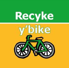logo on a green an yellow background with a bike in the middle