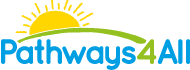 The text reads 'Pathways four all'. Above the words is a cartoon picture of a sun appearing over a hill
