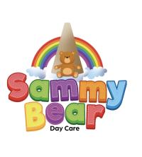 A brown cartoon bear sitting in front of a cartoon rainbow with the words Sammy Bear Day Care beneath it.  